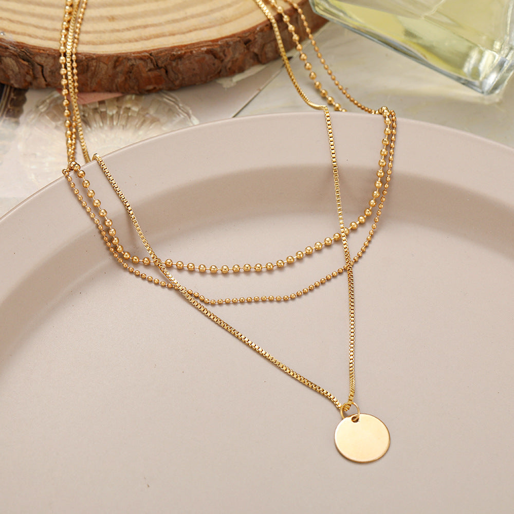 European And American New Alloy Necklace Fashion Simple Disc Pendant Multi-layered Clavicle Chain