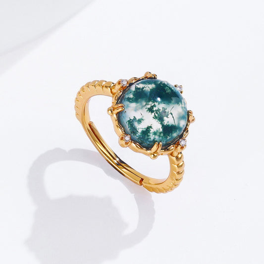 Glam Luxurious Geometric Round Sterling Silver Plating Rhinestones Moss Agate Gold Plated Open Rings