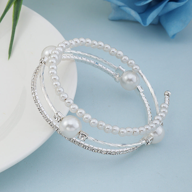 Fashion Rhinestone Pearl Multi-layer Winding Bracelet