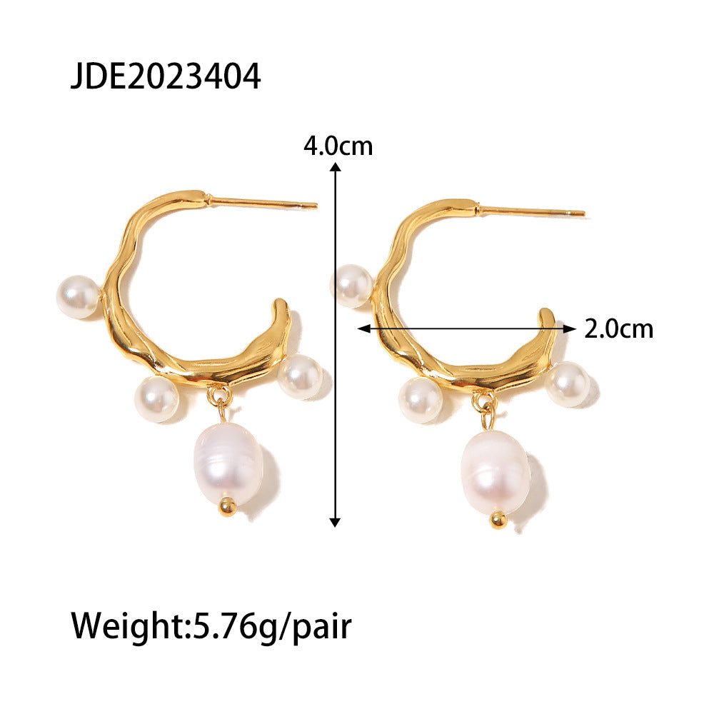 1 Pair Fashion C Shape Inlay Stainless Steel Pearl Drop Earrings