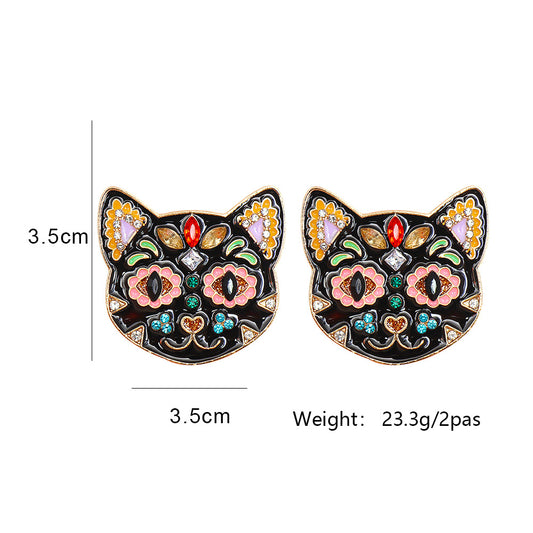 55625 Europe And America Creative Black Cat Colorful Cat Funny Earrings Halloween Ghost Festival Ear Studs Oil-plated Diamond Earrings
