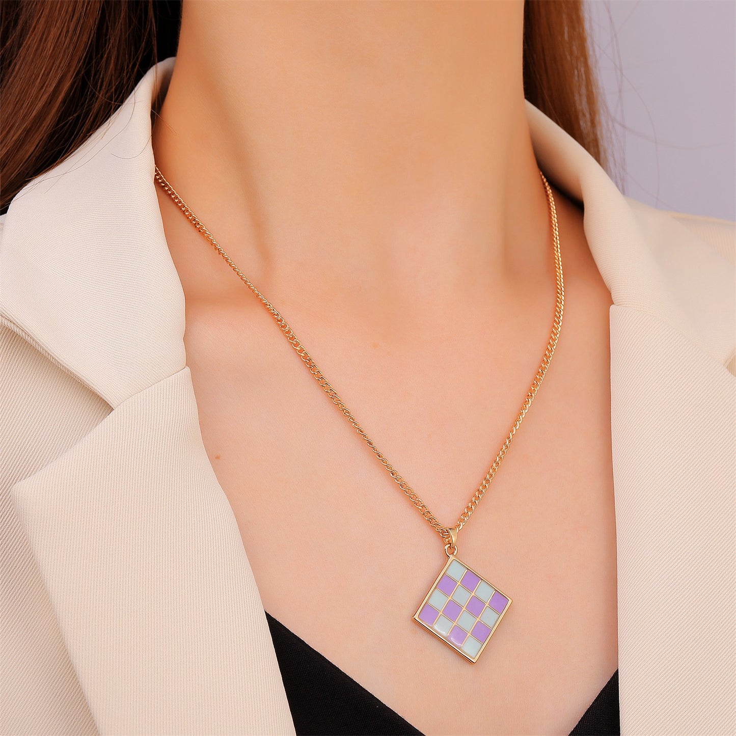 Cross-border New Geometric Square Pendant Necklace Color Dripping Oil Checkerboard Clavicle Chain Necklace