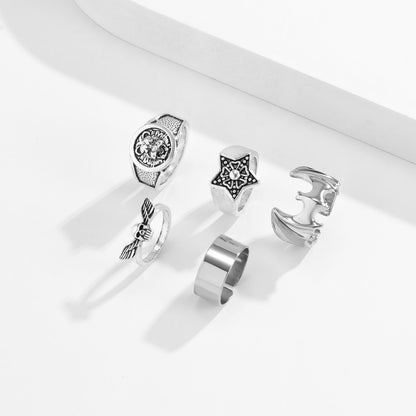 Cartoon Style Star Wings Skull Alloy Rings 5 Pieces