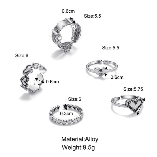 Creative Simple Retro Geometric Open Love Personality Ring 5-piece Set