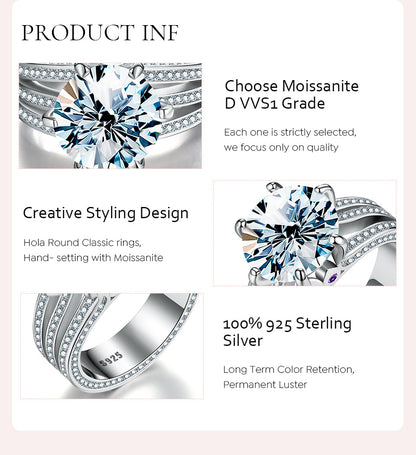 Elegant Shiny Round Sterling Silver Gra Plating Inlay Moissanite Rings