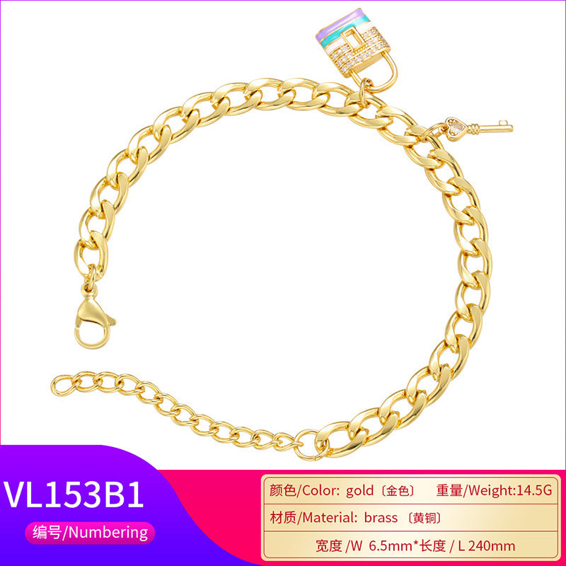 Fashion Bead Buckle Micro-set Zircon Butterfly Key Lock Pendant Copper Bracelet