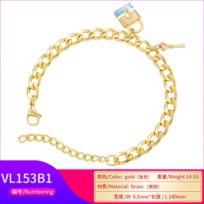 Fashion Bead Buckle Micro-set Zircon Butterfly Key Lock Pendant Copper Bracelet