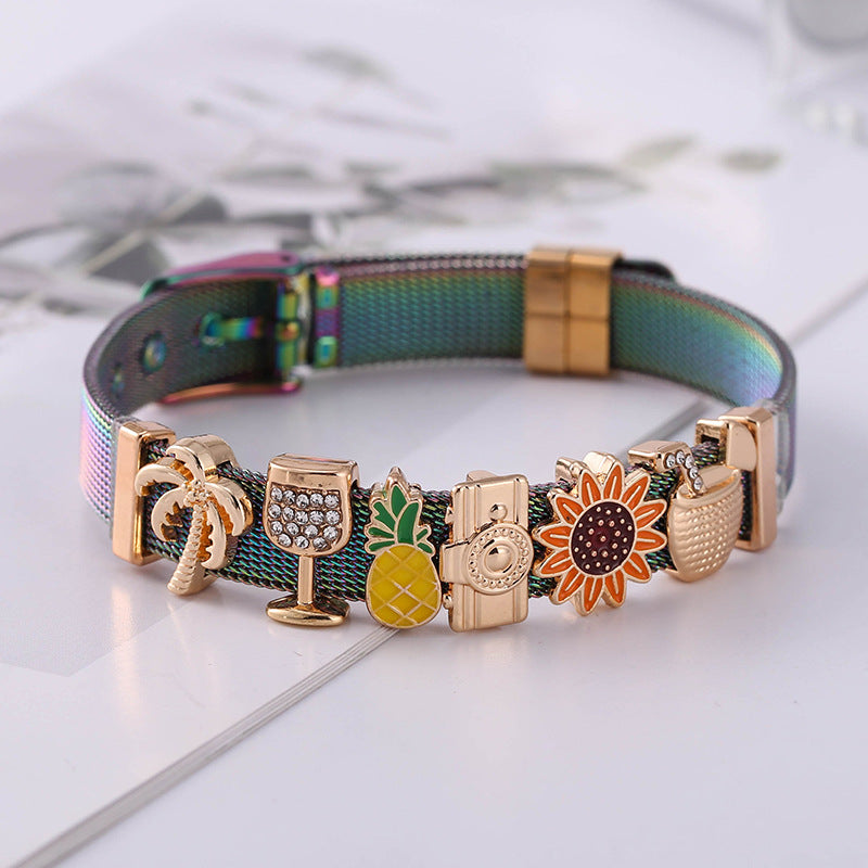 Cute Vacation Coconut Tree Heart Shape Pineapple Stainless Steel Alloy Inlay Artificial Gemstones Bracelets