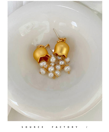 French Style Flower Pearl Copper Drop Earrings 1 Pair