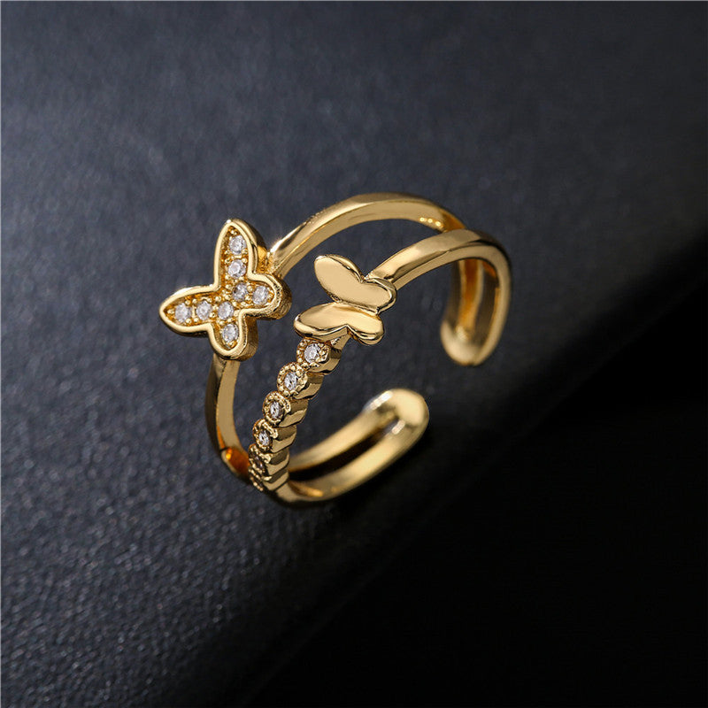 Simple Double-layer Butterfly Gold-plated Micro-inlaid Zircon Ring