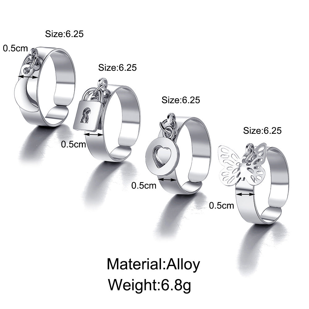 Creative New Butterfly Lock Heart Ring Female Metal Knuckle Ring Set