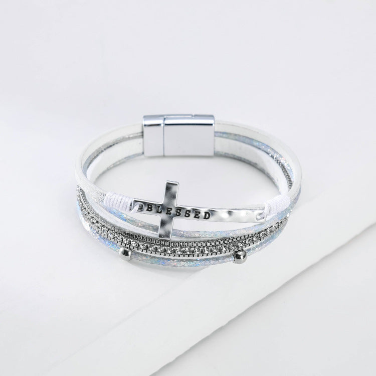 Fashion Cross Fine Diamond Leather Magnetic Buckle Multicolor Bracelet