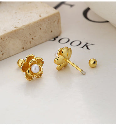 1 Pair Lady Flower Plating Inlay Sterling Silver Artificial Pearls Ear Studs
