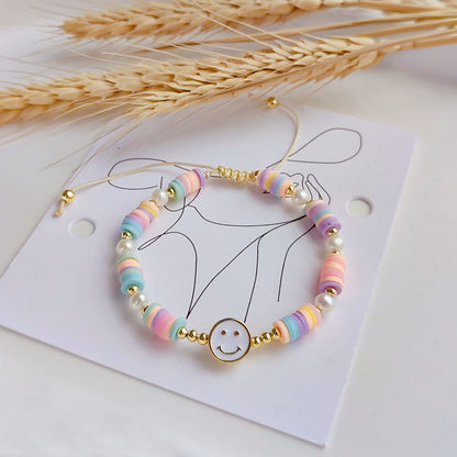 Cartoon Style Smiley Face Freshwater Pearl Soft Clay Knitting Women's Bracelets