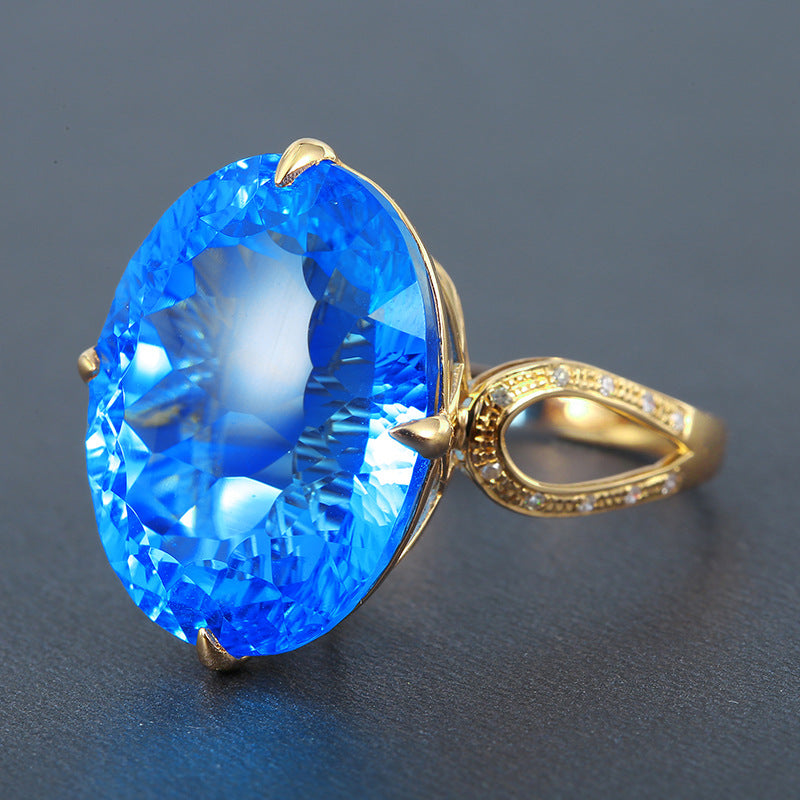 Dove Egg Color Treasure Open Ring Imitating Swiss Blue Oval Natural Topaz Copper Ring