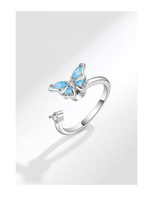 Korean Copper Micro-inlaid Zircon Color Butterfly Rotating Open Ring