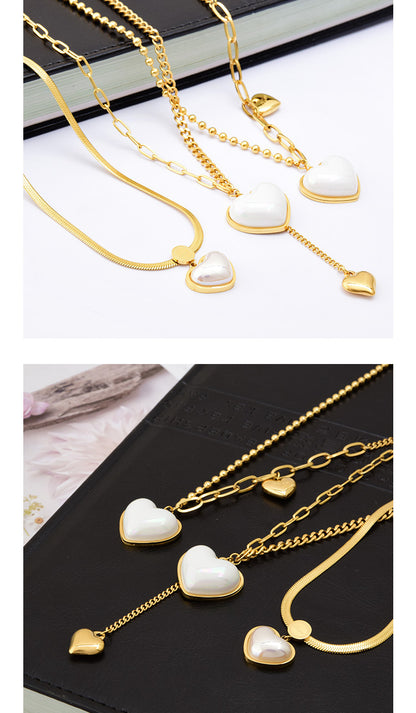 Fashion Heart Shape Titanium Steel Necklace Inlay Artificial Pearls Stainless Steel Necklaces 1 Piece