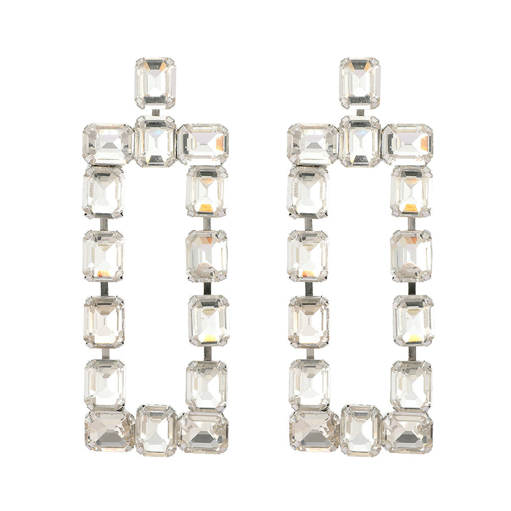 1 Pair Fashion Rectangle Rhinestone Glass Hollow Out Women's Chandelier Earrings