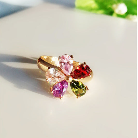 Sweet Flower Copper Inlay Zircon Open Ring