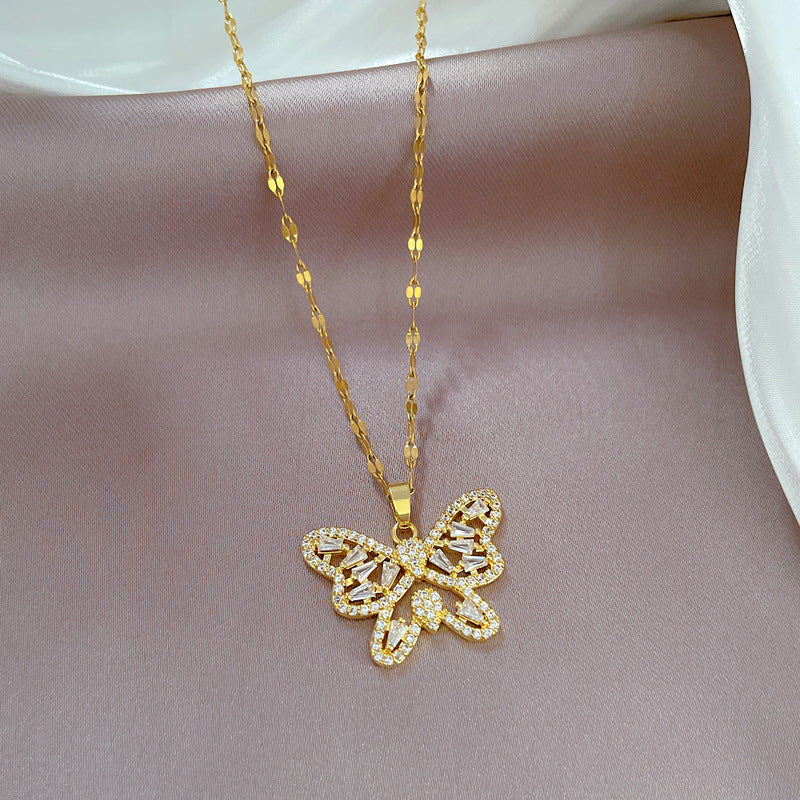 Fashion Butterfly Stainless Steel Copper Plating Zircon Pendant Necklace