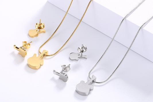 Simple Fashion Guitar Pendant Earrings Geometric Chain Necklace Creative Stainless Steel Set