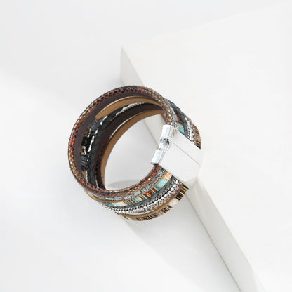 Bohemian Wide-brimmed Color Woven Multilayer Leather Bracelet Wholesale