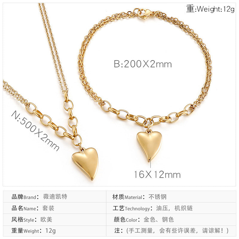 Europe And America Heart Necklace Bracelet Titanium Steel Chain Splicing Heart-shaped Set