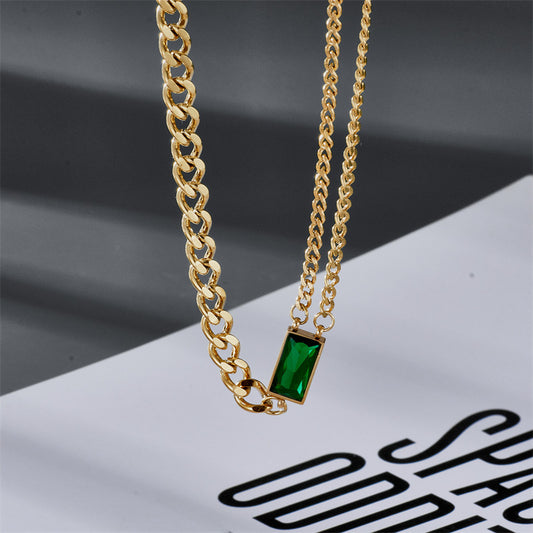 The new crystal thick neck chain necklace will be a hot new product, a gold silver and copper chain, a clavicle chain, a female multi-layered green ashlar pendant