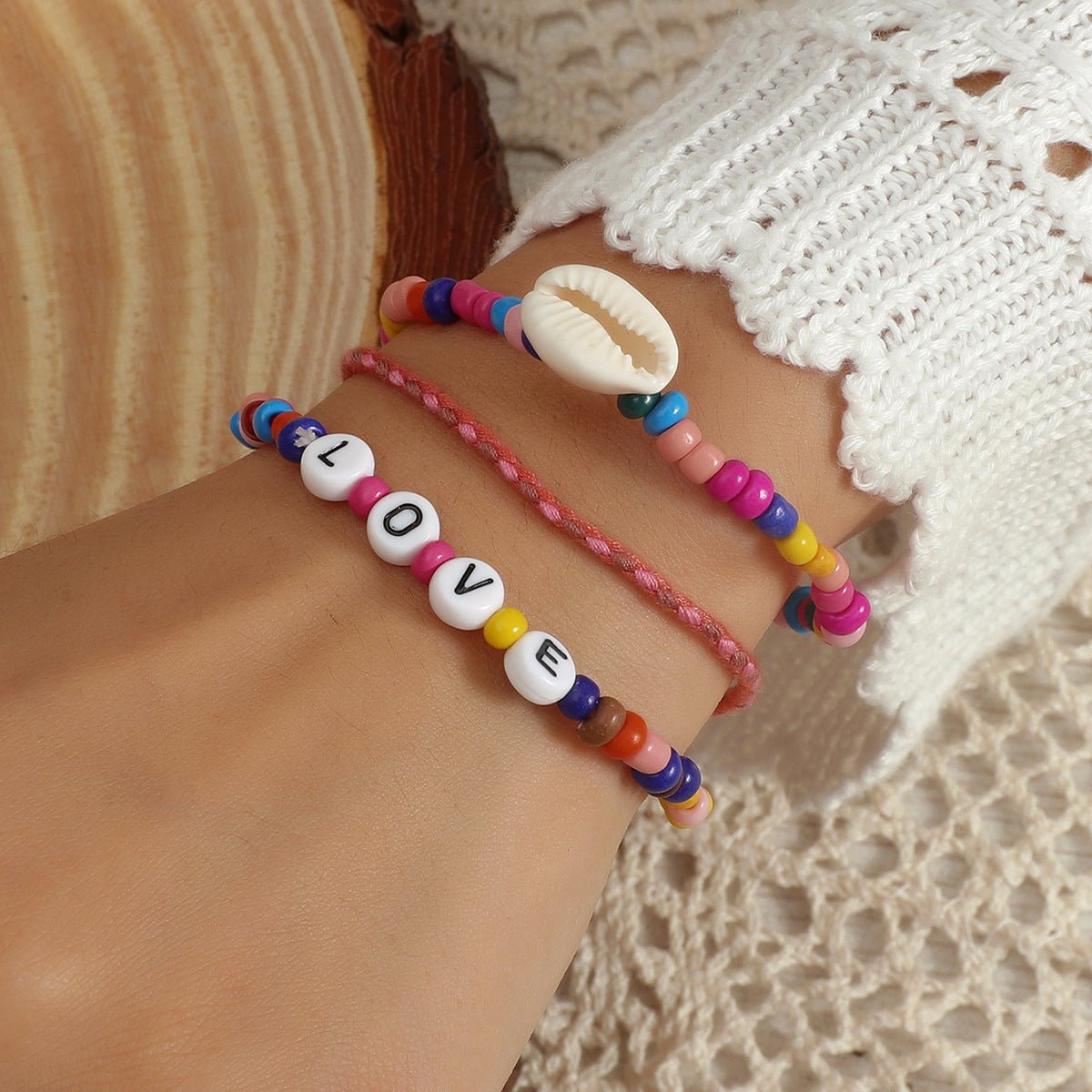 Cross-border New Arrival Set Bohemian Color Beaded Bracelet Shell Love Letter Bead Bracelet Three-piece Set For Women