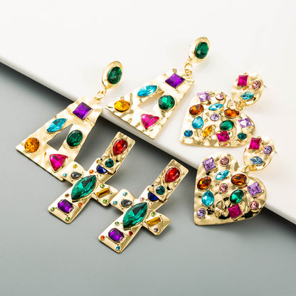 European And American Fashion Heart-shaped Earrings Alloy Paint Color Rhinestone Earrings