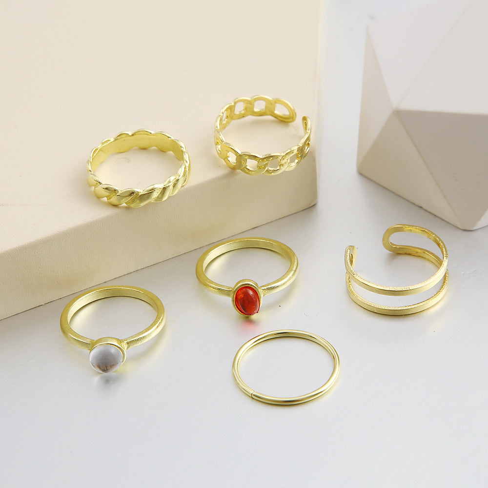 Simple Creative Artificial Gem Inlaid Gold Sliver Metal Open Ring 6-piece Set