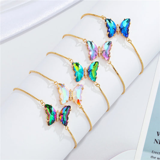 Simple Temperament Sparkling Crystal Butterfly Pendant Adjustable Bracele