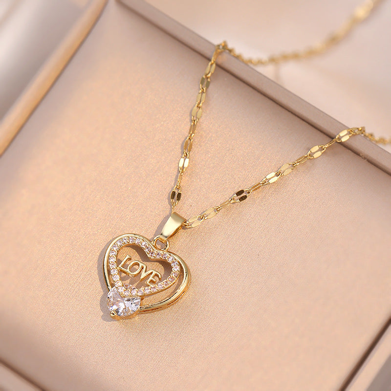 Titanium Steel Sweet Heart Shape Diamond Pendant Necklace