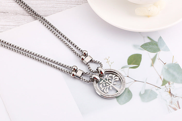 New Fashion Round Personality Titanium Steel Diamond Double-layer Necklace Wholesale