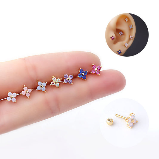 Korean Style Flower Plating Titanium Steel Zircon Ear Studs