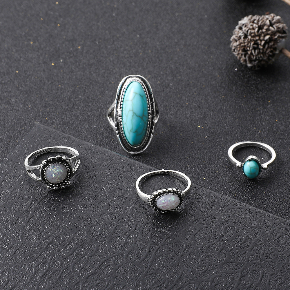 Exaggerated Ethnic Style Cool Style Leaf Round Snake Alloy Plating Inlay Turquoise Women's Rings