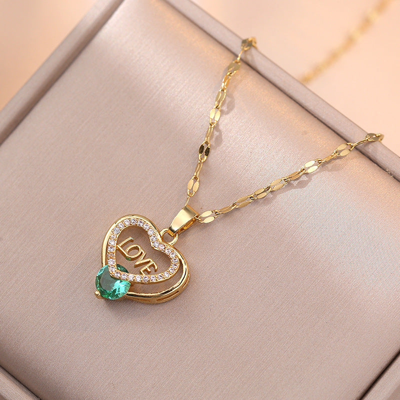 Titanium Steel Sweet Heart Shape Diamond Pendant Necklace