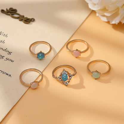 Cross-border New Fashion Candy Color Tail Ring Imitation Inlaid Amber Joint Ring 5-piece Ring Tail Ring