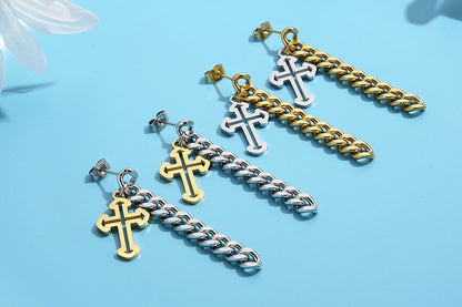 Women's Stainless Steel Golden Cross Thick Chain Earrings Wholesale