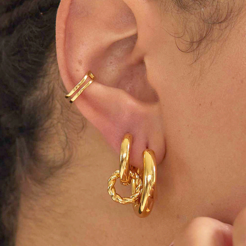 Retro Double Ring Interlocking Earrings European And American Exaggerated Copper Ear Jewelry