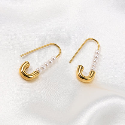 1 Pair Elegant Paper Clip Stainless Steel Inlay Artificial Pearls Earrings