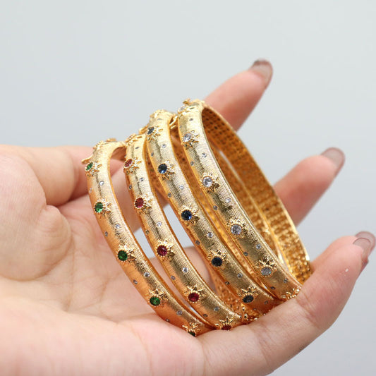 Retro Round Copper Plating Inlay Artificial Gemstones Bangle