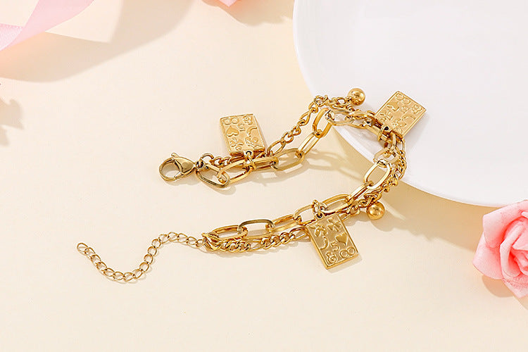 Fashion Double Chain Rectangular Cartoon Playing Card Pattern Stainless Steel Bracelet