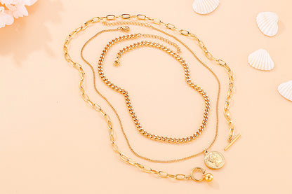 Europe And America Cross Border E-commerce Sweater Chain Personalized Retro Avatar Pendant Three-layer Necklace Trendy Round Beads Ot Buckle Necklace