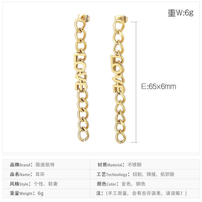 Fashion Simple Long Metal Chain Earrings Letter Love Personality Tassel Stainless Steel Earrings