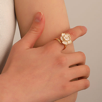 New French White Camellia Open Index Finger Ring Female