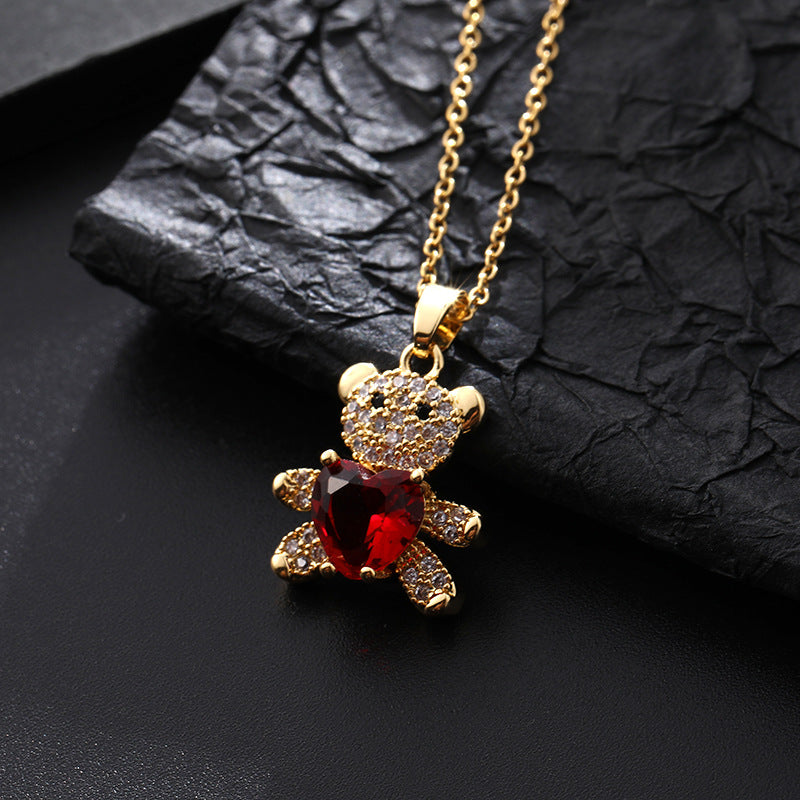 Cartoon Style Little Bear Copper Inlay Zircon Pendant Necklace