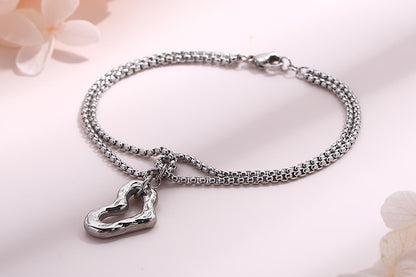 Personality Multi-layer Pearl Chain Heart-shaped Hollow Pendant Stainless Steel Bracelet Wholesale