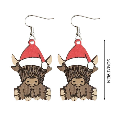 Retro Christmas Hat Cattle Wood Printing Christmas Women's Earrings 1 Pair