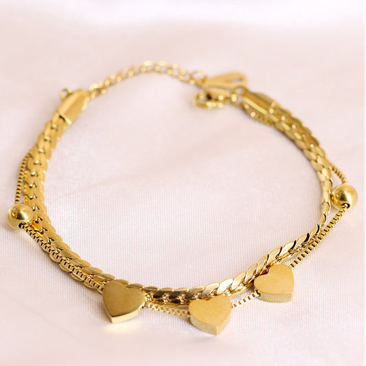 Simple Style Heart-shaped Stitching Chian Titanium Steel Double Layer Bracelet